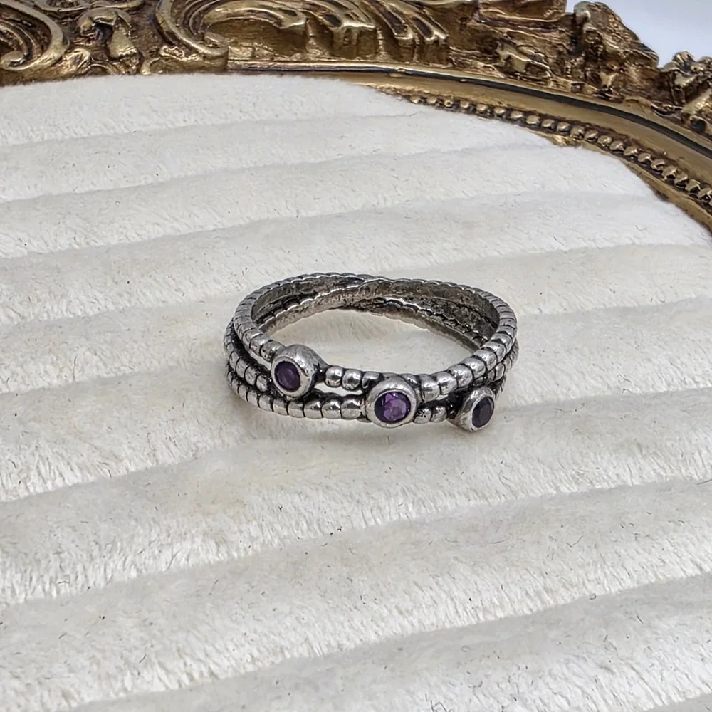 Vintage 925 Sterling Silver Purple Rhinestone Braided Triple Band Ring Size 8